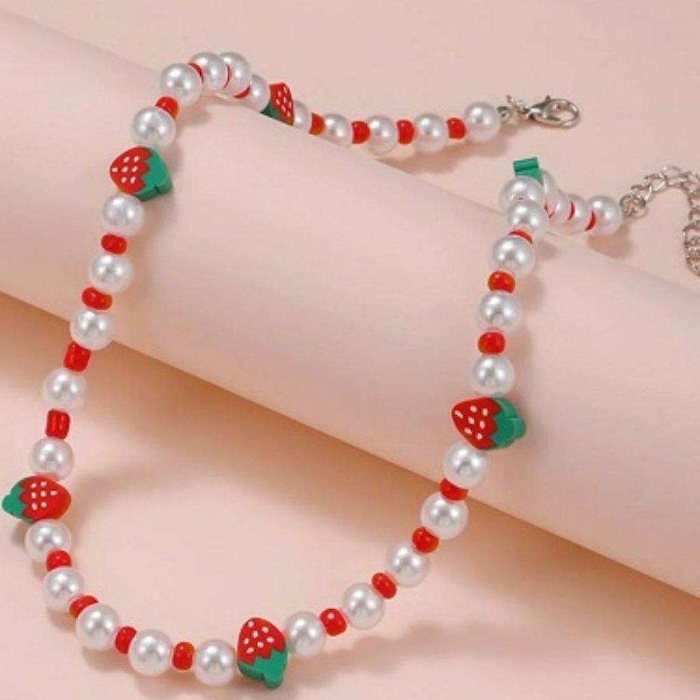 Strawberry & Faux Pearl Necklace